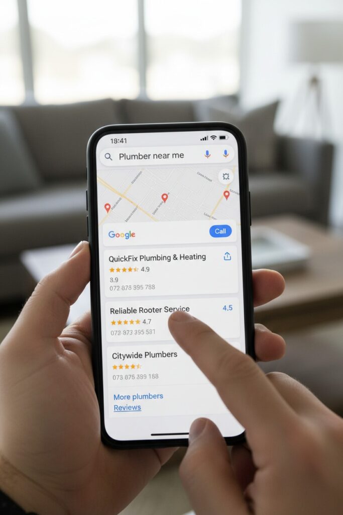 A person holds a smartphone displaying a map and local search results for plumbers.