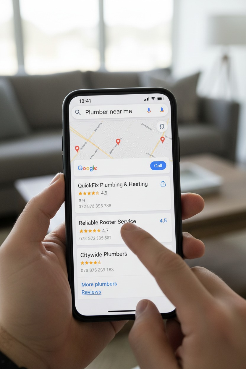 Smartphone showing a map with local search results for plumbers in the area